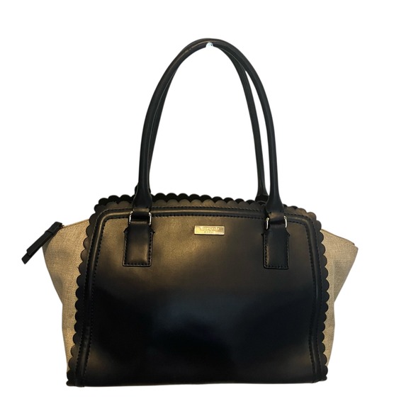 Kate Spade New York Handbags - Kate Spade New York Scalloped Tote Bag Black Leather Natural Canvas Top Zip‎